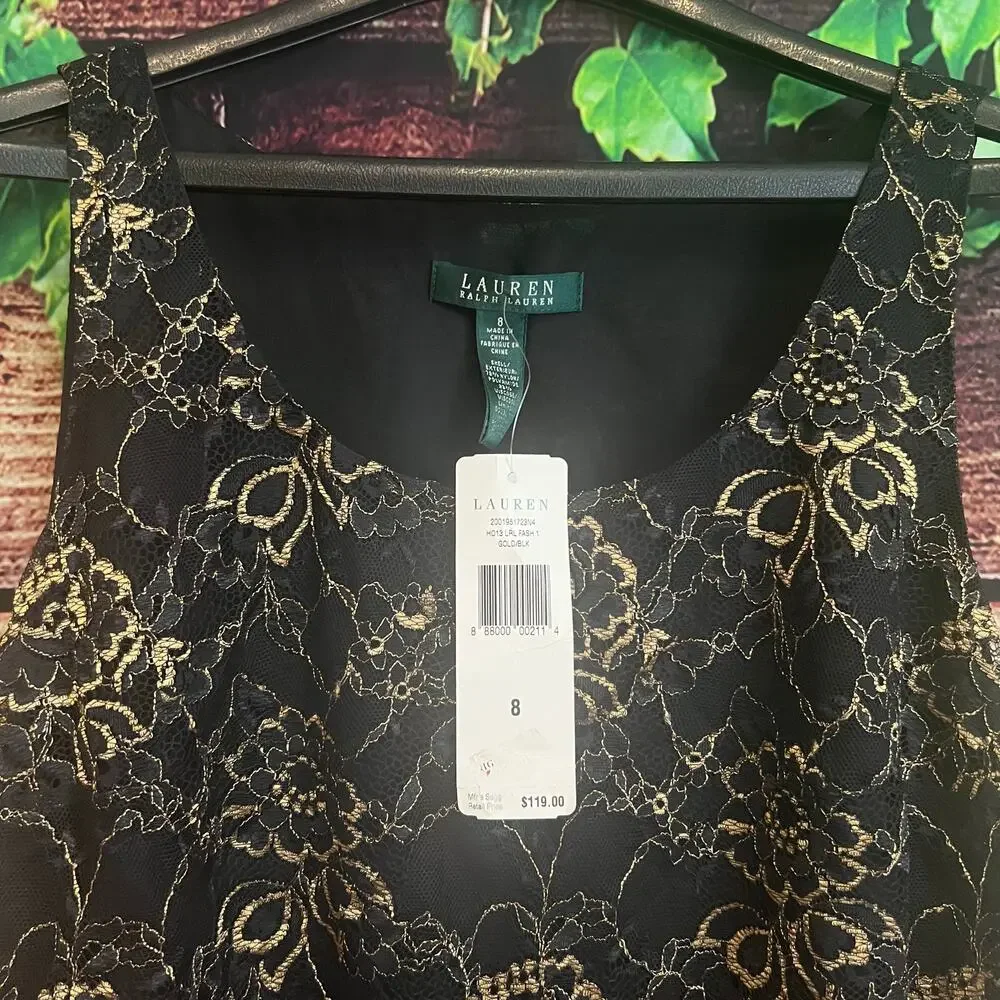 Lauren Ralph Lauren Blouse Top 8 Sleeveless Floral Gold New Year Lined Workwear
